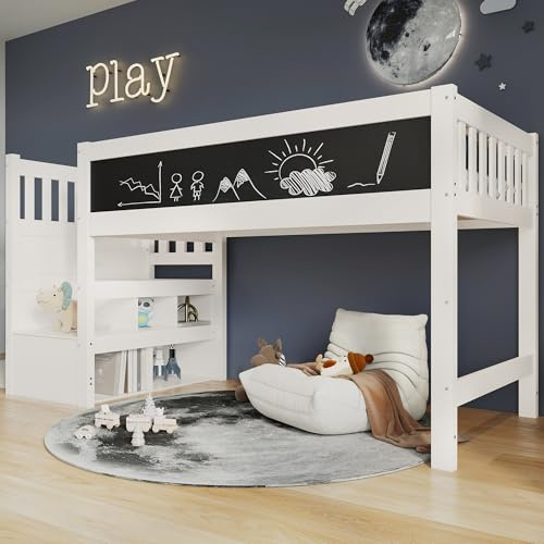 Cama alta de madera, 90 x 200 cm, con gran pizarra y compartimentos abiertos, cama individual funcional con escalera y protección contra caídas para niños o niñas, color blanco