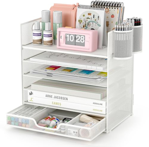 Apritsce Organizador Escritorio, 6 Niveles Organizador de Oficina con Cajón y 2 Portalápices, Multifuncional Bandeja Escritorio, Desk Organizer para Oficina Casa