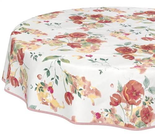 Nappe en Toile cirée Lavable, Facile d'entretien, imperméable, Effet Lotus, pour Table de Jardin, Motif Coquelicots, Ronde, 140 cm, avec Ourlet, bordée
