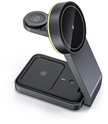 Vikbar 3-i-1 magnetisk induktionsladdare [snabbladdningsstation] kompatibel med iPhone 15/14/13/12 Pro Max, Apple Watch, Air Pods, trådlös reseladdningshållare, svart