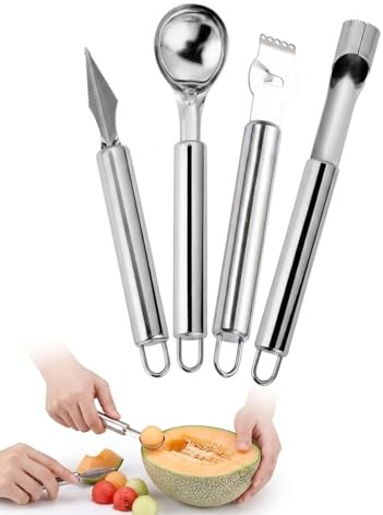 AEUXZA Juego de 4 Utensilios para Frutas en Inox - Vaciador, Cuchillo para Tallar, Rallador de Limón y Descorazonador de Manzanas - Decoración Creativa y Snacks Saludables