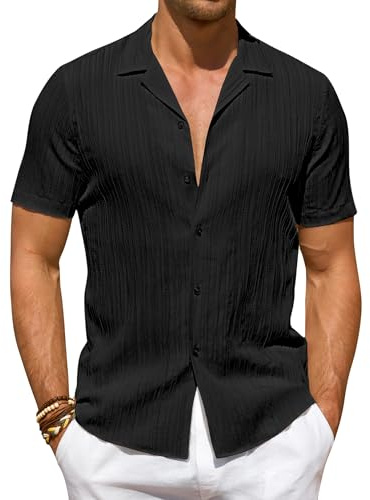 DEMEANOR Mens Shirts Short Sleeve Stretch Casual Hawaiian Fashion Textured Summer Beach Button Down Shirts