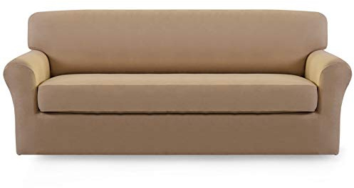 Easy-Going 2 Pieces Microfiber Stretch Sofa Slipcover – Spandex Soft Fitted Sofa Couch Cover, Washable Furniture Protector with Elastic Bottom Kids,Pet (Sofa, Camel