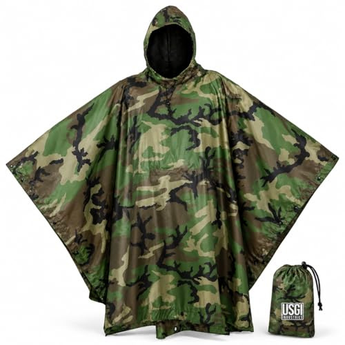 USGI Industries Poncho i militärstil, regnponcho med flera användningsområden, ripstop-tyg, regnponcho i kamouflage