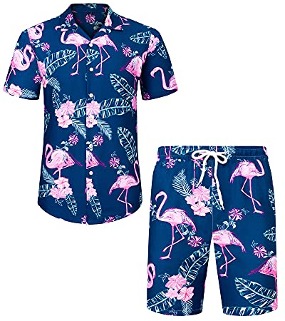 J.VER Herren Hawaiihemd Flamingo Floral Kurzarmhemd und Shorts Sommer Beach Freizeithemden Funky Party Outfit Hawaii Hemd Männer Faltenfrei Urlaub Hemd Set,Blau Flamingo,M