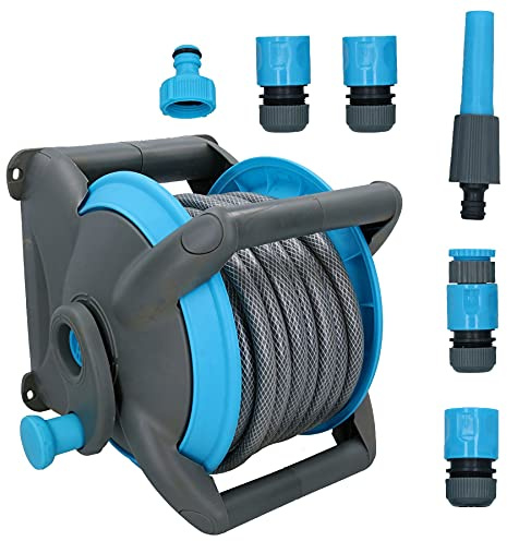 Garden Compact Wall Hose Reel with 15 Metres of Hose + 5 Nozzles/Fittings