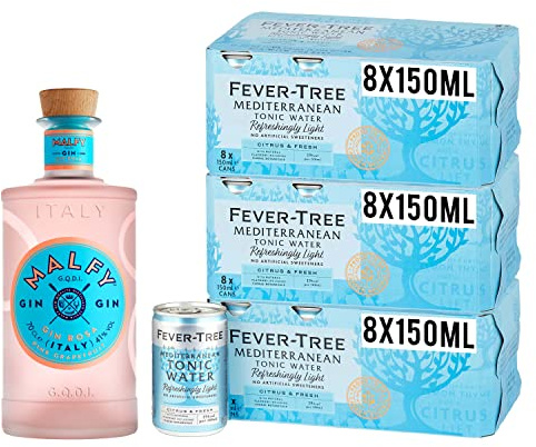 Malfy Rosa Gin Tonic Bundle: Malfy Rosa Sicilian Pink Grapefruit Flavoured Gin, 70cl & Fever-Tree Refreshingly Light Mediterranean Tonic Water 8 x 150ml (Pack of 3, Total 24 cans)