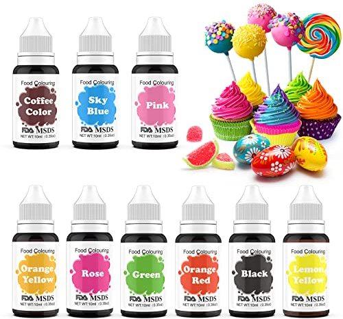 MENNYO Lebensmittelfarbe 9x10ml Food Coloring-Farben Flüssige Lebensmittel Set für Kuchendekoration, Macarons, DIY Seifen,Donuts, Fudge, Zuckerguss, Eis, Seifenfarbe, Spritzpistolenfarbe