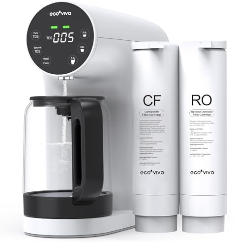Ecoviva Countertop Reverse Osmosis System RO Water Filter, 4 Stage Filtration, Real-time TDS Monitor, 3:1 Pure to Drain, Zero-Installation Portable Water Purifier (WP-RO-200G White)