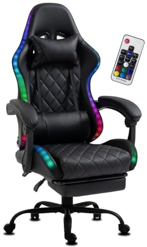 Delman Gaming-Stuhl Bürostuhl Gaming Stuhl mit LED, RGB Beleuchtung, Drehstuhl, Dicke Polsterung, Metallfußkreuz, Fußstütze 02-0055 (Schwarz)