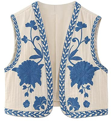 Qianderer Chaleco vintage bordado floral Y2k de lino sin mangas con frente abierto, chaleco de flores de moda para mujer