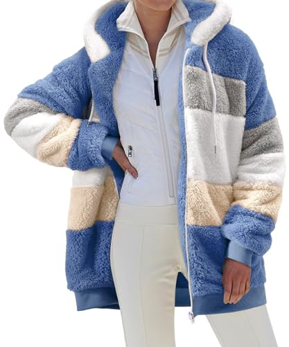 CMTOP Felpa Donna con Cappuccio Caldo Felpa in Pile Teddy Autunno Invernali Cappotto Patchwork Peluche Felpa Donna con Zip Outwear Casual Hoodie Giacca con 2 Tasche(Blu, XL)
