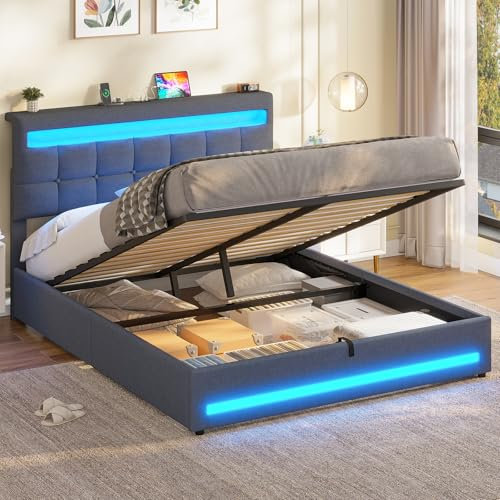 AOGLLATI Hydraulisch Stauraumbett 140×190cm, Polsterbett Doppelbett mit LED und USB-Ladefunktion, Funktionsbett Bettgestell mit Stauraum und Lattenrost, Linen,Ohne Matratze, Dunkelgrau