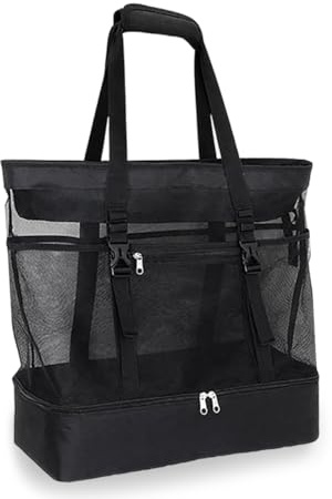 VerLuky Strandväska i svart nät XXL med dragkedja, 44 x 45 x 21 cm strandväska för kvinnor, stor, vattentät strandväska för resor, shopping, strand