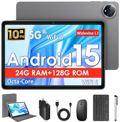 MENTUME 10 Inch Tablet, Android 15 Tablet with Keyboard, 24 GB RAM+128 GB ROM, 1 TB Expand, Octa-Core 6000mAh 1280x800 IPS HD, 5G WiFi, T615 High Performance CPU Processor, Dual Camera (Black)