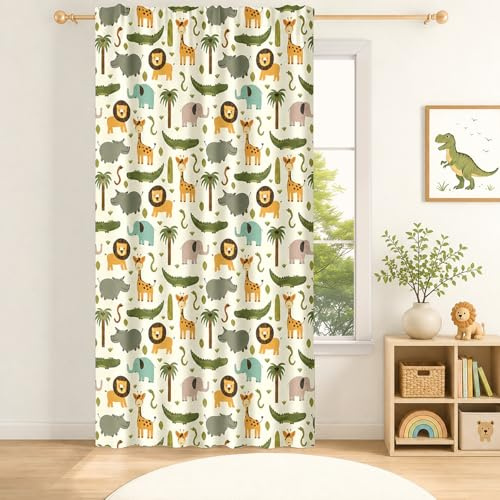 YONGFOTO 107x160cm Cortinas de Animales de Dibujos Animados con Bolsillo para Varilla Safari Selva Hipopótamo Cocodrilo Filtración de luz Pestaña Trasera Cortinas para Dormitorio de niño Habitación