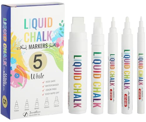 IMALPQPP 5 Feutres Craie Blancs Effaçables pour Fenêtres et Tableau – Marqueur craie, feutre vitre effacable, feutre pour vitre effacable, pointes 1/3/6/10/15 mm