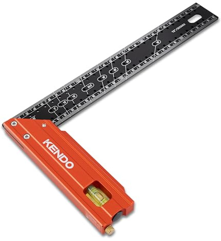 KENDO Anschlagwinkel 300 mm Alu, Schreinerwinkel mit Wasserwaage & Anreißnadel