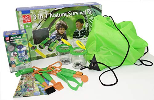 Riesiges Outdoor Naturforscher Paket mit Fernglas, Kompass, Lampe, Taschenmikroskop, 2 Becherlupen, Werkzeugset in praktischem Rucksackbeutel