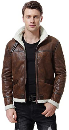 AOWOFS Herren Lederjacke mit Fell Kunstlederjacke mit Pelzkragen Jacke für Winter Braun L