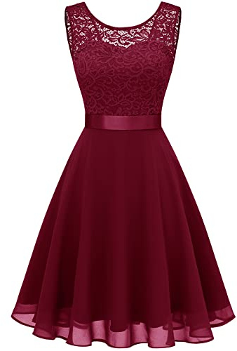 Berylove Mujer Vestido Corto de cóctel Top Falda de Encaje Columpio de Gasa para Boda de Bola BLP7005DarkRed L