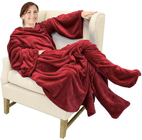 Catalonia Sherpa tragbare Decke mit Ärmeln und Fußtaschen für Erwachsene Frauen Männer, bequeme Kuscheldecke mit Wickelärmeln, Geschenkidee, Wein