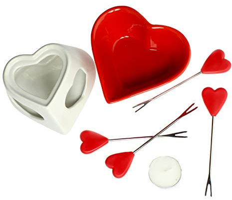 Monsterzeug Fondue de chocolate con forma de corazón, juego de fondue con 4 tenedores, fondue de chocolate