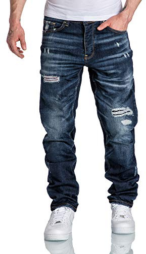 Amaci&Sons Herren Jeans Regular Straight Fit Denim Hose Destroyed 7984 Dunkelblau (Patches) W32/L34