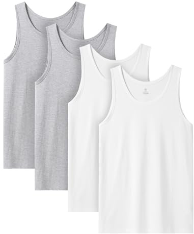 LAPASA Herr 4-pack Linne 100% Bomull Classic Tanktop Andningsbar Rundhals Fitness Ärmlös Tröja Muskeltröja M36, Grå*2+Vit*2, S