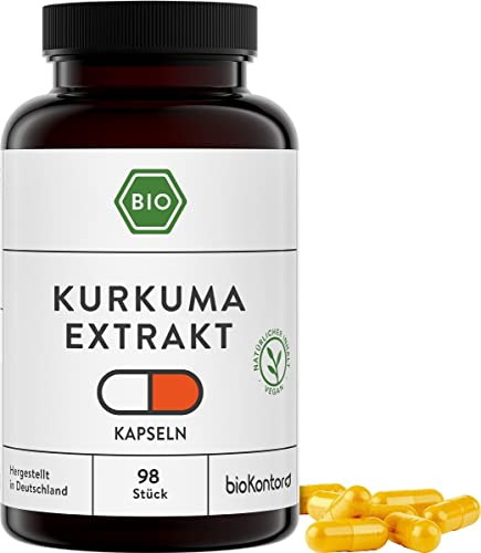 BIO Kurkuma Extrakt Kapseln | 98 Stück vegane Kapseln | 450 mg je Tagesdosis - 1 Kapsel | ohne Zusätze | in Deutschland hergestellt | bioKontor