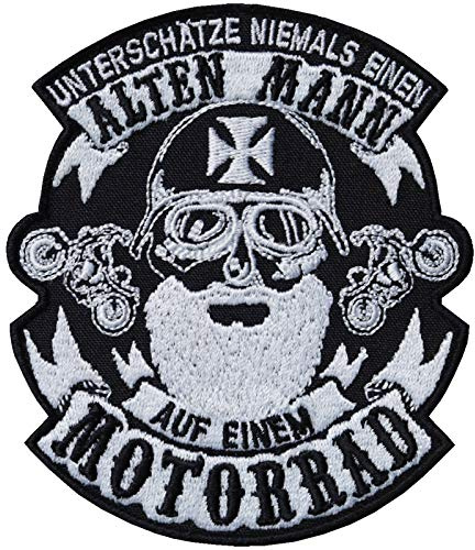 Toppa ricamata Unterschätze niemals einen alten Mann auf einem Motorrad per motociclisti, da cucire | Immagini termoadesive per motociclisti per accessori in pelle e moto | 100x85mm