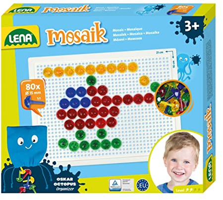 Lena 35622 - Mosaik Steckspiel Set, Steckmosaik mit 80 transparente Stecker, Mosaikstecker Ø 15 mm, Mosaikspiel für Kinder ab 3 Jahre, Komplettset mit Steckplatte ca. 21 x 16 cm und Organizer, bunt