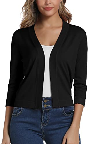EXCHIC Donna Elegante 3/4 Maniche Bolero Cardigan Corto Open Front Maglioni Coprispalle (M, Nero)