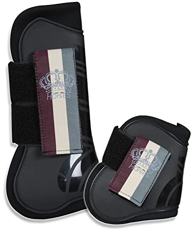 Horses Set Protezioni Crown Stripes Nero COB, Set Protezioni da Equitazione per Cavallo, Morbido e Resistente, Massima Protezione da Traumi e Fiaccature