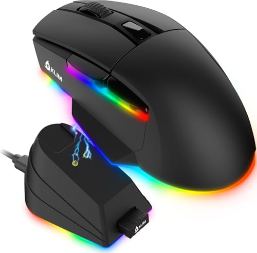 KLIM Blaze X RGB + Wiederaufladbare kabellose Gaming-Maus mit Ladestation + Langlebiger Akku + Bis zu 12000 DPI + Kabelgebundene & kabellose Maus PC, PS5, PS4, Mac + Schwarz