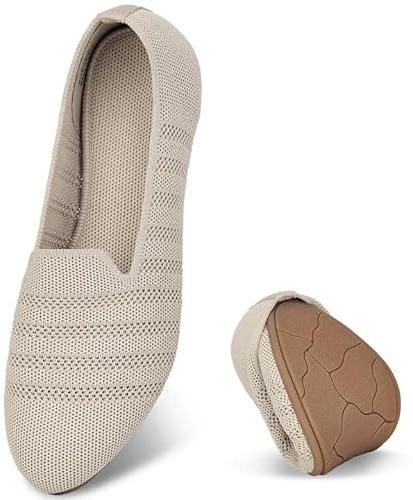Puxowe Women's Knit Flats with Arch Support, Round Toe Slip-On Ballet Shoes, Foldable Washable Dressy Flats for Work, Travel & Everyday Comfort, Camel Size 6 US