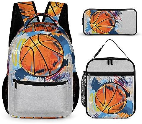 WCEECE Basket-ball Sac À Dos Enfant, Ensemble Rentrée Scolaire Cartable Garcon Primaire Avec Sac À Déjeuner, Trousse À Crayons, Multicolore, Taille Unique, Ensemble De Cartable