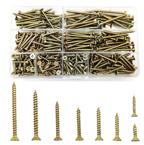 335 Pcs Self-tapping Wood Screw Kits, Assorted Cross Pan Head Countersunk Zinc-Plated Concrete Screws, Drywall Screws for Door Hinges, Repairs, Self Drilling Chipboard Screws