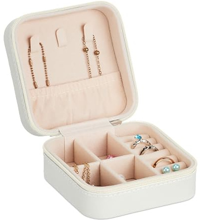Relaxdays Valigetta Portagioie, Cofanetto Porta Gioielli da Viaggio, Organizer Anelli, Collane, 5 x 10 x 10 cm, Bianco
