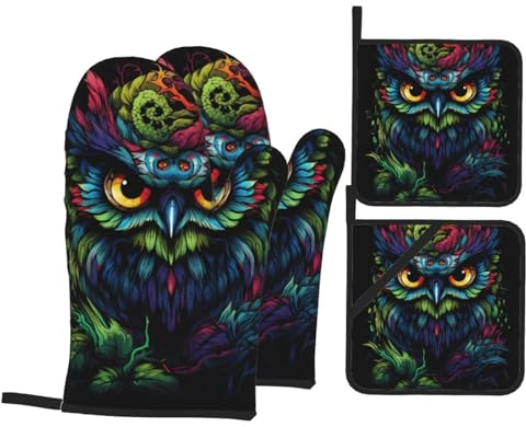 Chrysm Ofenhandschuhe und Topflappen-Set, Motiv: Eule auf schwarzem Hintergrund, Küchenhandschuhe, Mikrowelle, Grill, hitzebeständig, CM-CFSJT11152