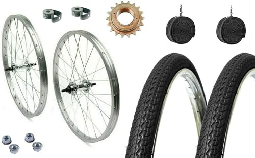 Kit Ruote Bici 20” x 1.75 Anteriore e Posteriore con Copertoni, Camere d’Aria Valvola Italia, Pignone 16 Denti 1 Velocità, Dadi e Flap – Compatibile MTB BMX City Bike Graziella