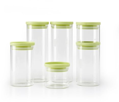 Qdesign – Lote de 6 tarros de cristal con tapa de plástico, ideal de conservación – 40°C / +460°C – Capacidad variada 0,5L + 1 L + 1,5L – Transparente/Verde