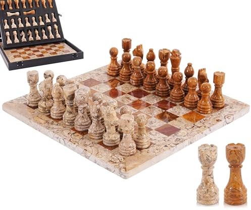 Marble Range Scacchiera da 30 cm realizzata a mano, color corallo e marrone scuro, con scatola per riporre i pezzi. Set di scacchi da viaggio classico per adulti con pezzi e 2 regine extra