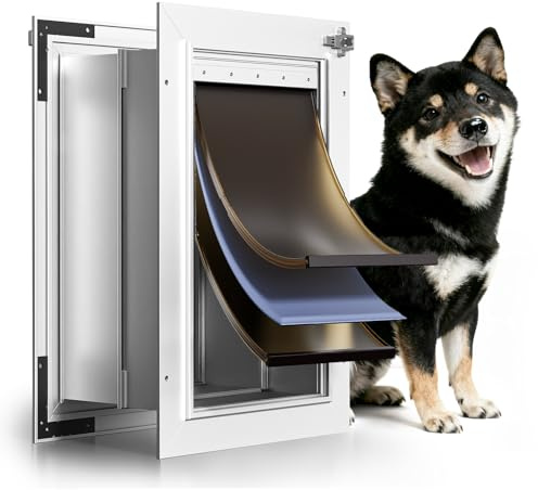 PETCOMING 3-Flap Insulated Aluminum Doggy Door for Walls, Heavy-Duty Telescoping Pet Door with Dual Security Locks & Magnetic Flaps, Closing Panel, Medium, Pets Up to 45 LB