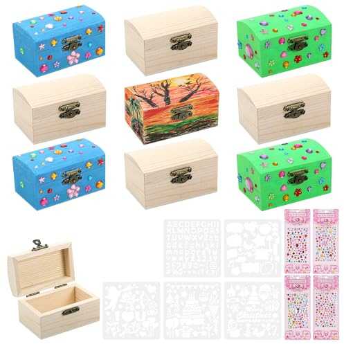 Fentar 10pcs Wooden Boxes for Craft, Treasure Chest Kids, Craft Box Creative Gifts for Girls, Small Wooden Box with Hinged Lid, Arts and Crafts for Kids Age 6 with Color Pens Decor Stickers