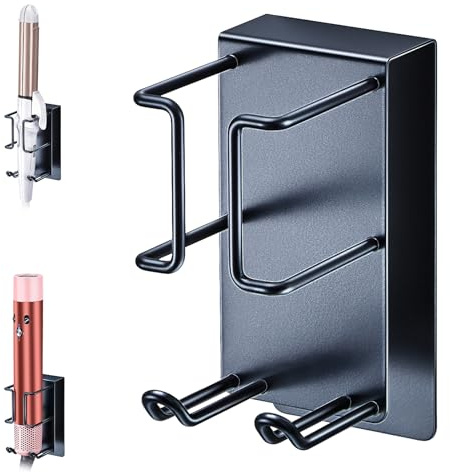 YYBO Soporte Plancha Pelo, Sporte secador Pelo y Plancha Sin Taladrar, Secador Pared para Varios Barriles De Rizadores De Pelo, Planchas (Negro)