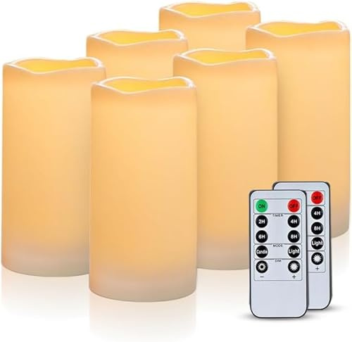 AMAGIC Outdoor LED Pillar Candles Battery Operated Remote Control 6 Pack | IP65 Waterproof Candles with 2H/4H/6H/8H Timer, No Wax Mess or Smoke for Garden, Patio, Mantelpiece and Dining Table Decor