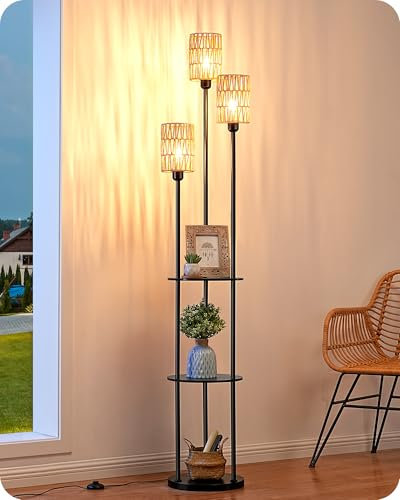 EDISHINE Lampada da Terra Boho Vintage con Mensola e Ripiano Portaoggetti, Piantana 3 Luci E27 con Paralume in Rattan, Lampadine Incluse, Interruttore a Pedale, Lampada Salotto Moderna 178 cm