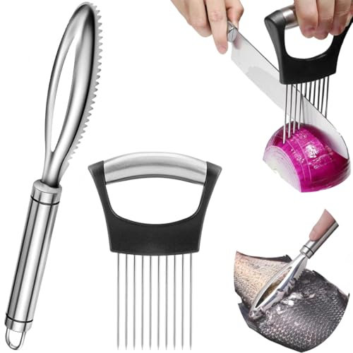 GGUFAY Set di Utensili per Frutti di Mare: Squamatore Pesce con Manico in Acciaio 304, Aghi per Cipolle, Ideali per la Preparazione del Pesce