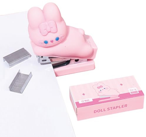 Cute Pink Desktop Stapler with Staples, Small Mini Office Stapler for Women Girls Kids Cartoon Bunny Staplers for Desk, Handheld Staplers for Home Office (Rabbit)